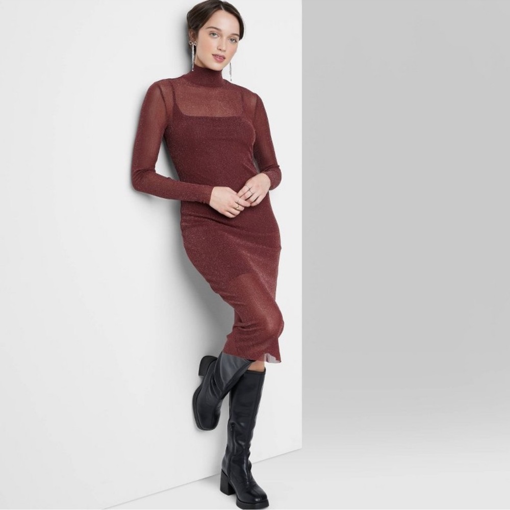 NWT Wild Fable Women's Long Sleeve Midi Dress Burgundy Size L Metallic Sparkle